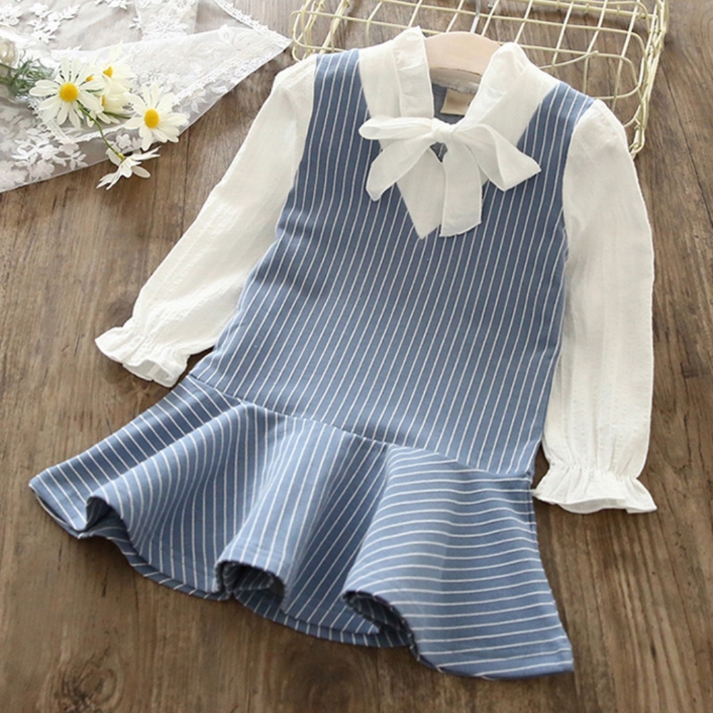 Toddler Girls Bell Sleeve Pleated Skirt Blue Dress